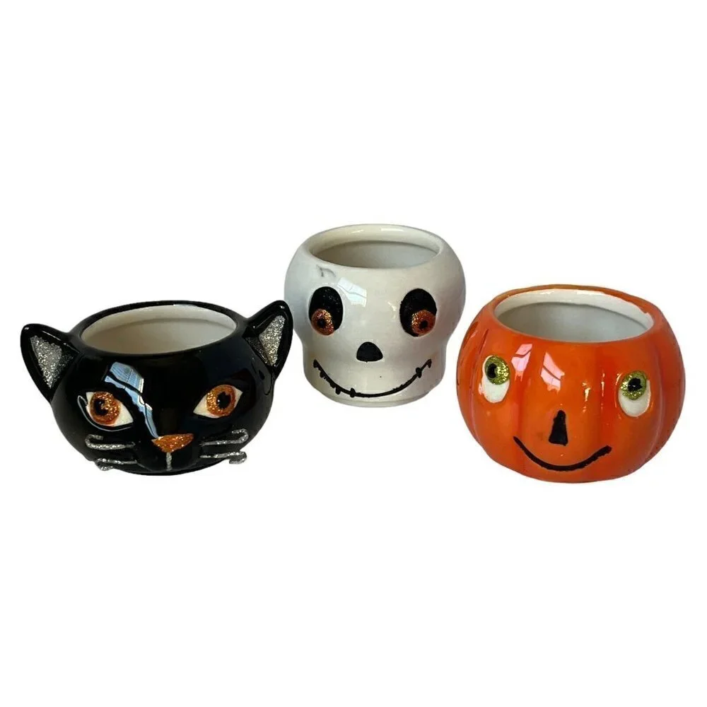 Hallmark Spooky Tea Light Candle Holder Set Cat Pumpkin Skull Figural Halloween